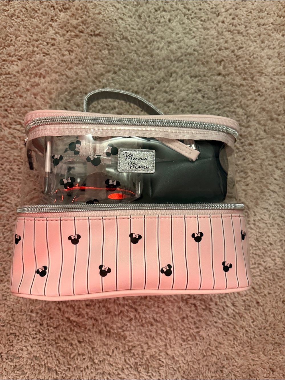 Primark Pink and Silver Minnie Mouse Clear Cosmetic Train Case